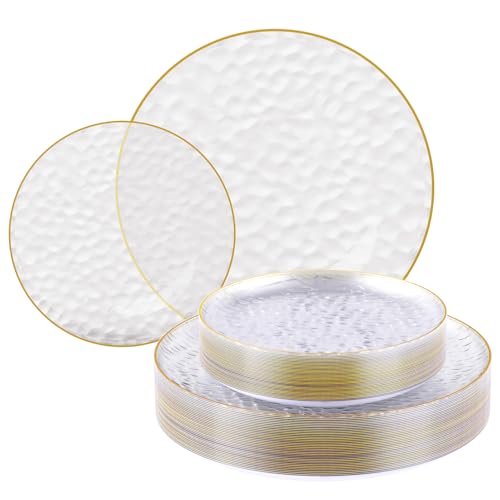 FOCUSLINE 60Pcs Clear Plastic Plates Clear Disposable Plates with Gold Rim 30 7 Salad Dessert Plate and 30 10 Dinner Plate Heavy-duty Hammered Plates for Party Wedding