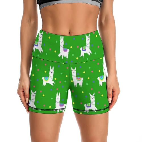 Cute Alpaca and Colorful Dots High Waist Yoga Shorts for Women Athletic Shorts Leggings Running Pants