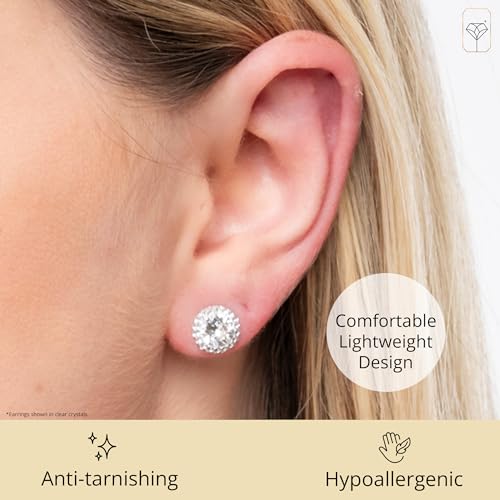 Sterling Silver Halo Blue Crystal Stud Earrings for Women | Hypoallergenic Stud Halo Earrings | Anti Tarnish Round Sparkle Sterling Silver Studs Earring by MAX + STONE4