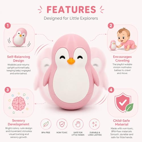 Image of Penguin Roly-Poly Wobble Toy - Self-Righting Stress Relief Fidget & Desk Decor for Kids and Adults, Cute Office Gift (Light Pink and White)