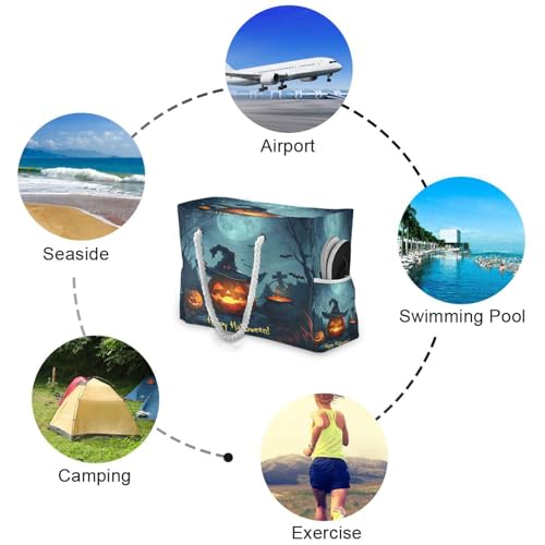 Pumpkin with Witch Hat Beach Bag & Travel Tote Bag Large Sandproof with Zipper Closure, Wet Pouch for Swim Gym Travel4