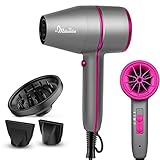 1875W Ionic Hair Dryer, Milantia Blow Dryer with Diffuser and Nozzle, Mini Negative Ion Hairdryer for Home and Travel - 3 Heating / 2 Speed / Cold Settings