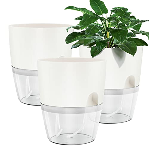 Muzhira Blumentopf Plastik, 3 stücke 10.5cm Kräutertopf mit Selbstbewässerung und Wasserspeicher, Moderne Pflanztopf für Zimmerpflanzen, Blumen und Kräuter - Weiß