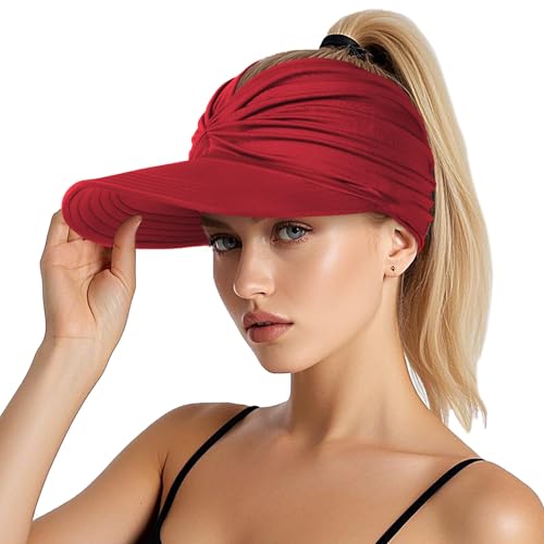 Sun Visor Hats, Wide Brim Sun Hats for Women, UPF 50+ UV Protection Visors for Women, Foldable Packable Ponytail Beach Summer Visor for Sports, Tennis, Golf, Running Wine Red
