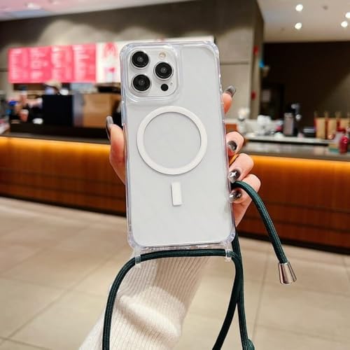 Coque magnétique iPhone 15 Pro haut de gamme transparente avec lanière vert foncé