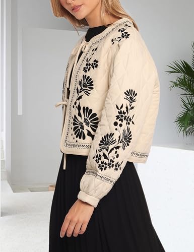GTLIAE Women's Lightweight Quilted Jacket with Floral Embroidery in Light Taupe - Small - Image 2