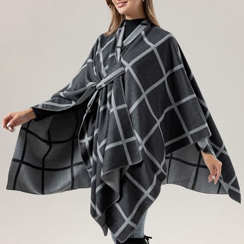 Women's Plaid Shawl Wraps Open Front Poncho Cape Sweater Vintage Printed Warm Cardigan Shawl for Fall Winter4