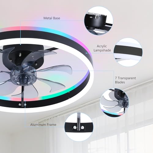 STERREN RGB Ceiling Fan with Light, 20'' Low Profile Ceiling Fans, Black Flush Mount LED Fan Light with Remote Control, Modern Bladeless Fandelier for Bedroom, Living Room, Kitchen thumbnail 7