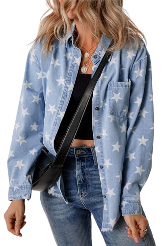 Ecosunny Womens Casual Long Sleeve Button Down Shirt Jacket Star Print Light Wash Raw Hem Denim Shacket Lightweight Tops