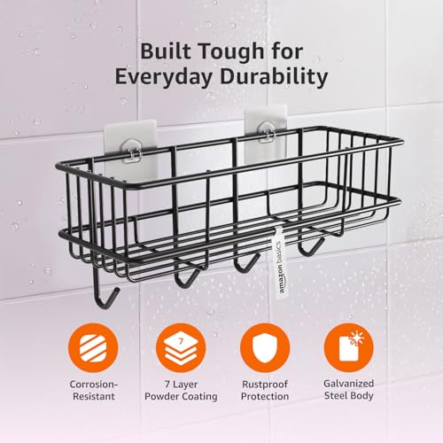 Image of Amazon Basics Wall Mounted Bath Rack with Hooks | Self adhesive| Mild Steel Bathroom Shelf for Toiletries, Loofahs & Razors | Sturdy, Easy to Clean, Rust-Resistant Bathroom Organizer - 28 x 12.2 x 9.6 cm, Pack of 2, Black