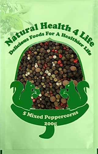 Natural Health 4 Life Mixed Peppercorns - Five Pepper Mix Whole Peppercorns Black White Green Red Peppercorns and Allspice 200g