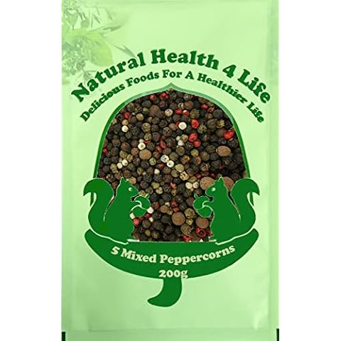 Natural Health 4 Life Mixed Peppercorns - Five Pepper Mix Whole Peppercorns Black White Green Red Peppercorns and Allspice 200g Cover