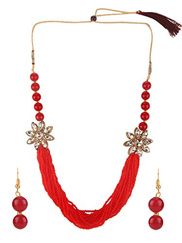 Efulgenz Fashion Chunky Multi Layered Faux Pearl Crystal Floral Statement Necklace Earrings Costume Jewelry Set (Color Options)