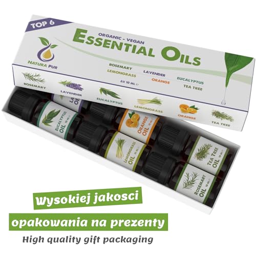 Zestaw Olejków Eterycznych - 100% organiczne i naturalne - Olejki zapachowe do dyfuzora - Olejki do aromaterapii, 6 x 10ml (rozmaryn, lawenda, eukaliptus, trawa cytrynowa, pomarańcza, drzewo herbaciane)