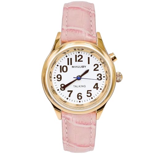 MAUJOY Montre Parlante pour Femmes(Boîtier plaqué Or & Bracelet en Cuir Rose) Accent Français Clair et Fort, Indique Heure, Date et Alarme, Idéale pour Les...