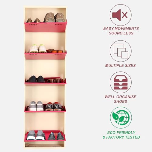 Image of Metal Shoe Rack Wall Mounted for Home with Central Locking 5 Door 20 inch Wall Mounted Metal 10 Pair Shoe Rack Cabinet Pre-Assembled Rack Shelves 3 Year Warranty (Pink & Ivory)
