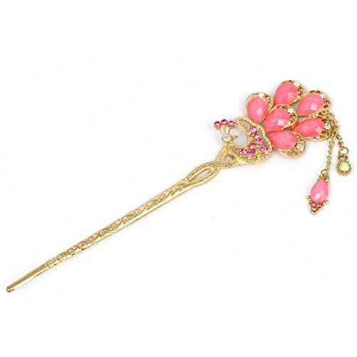 Generic Faux Rhinestone Decor Peacock Shaped Hairpin Hair Clasp Stick Pink