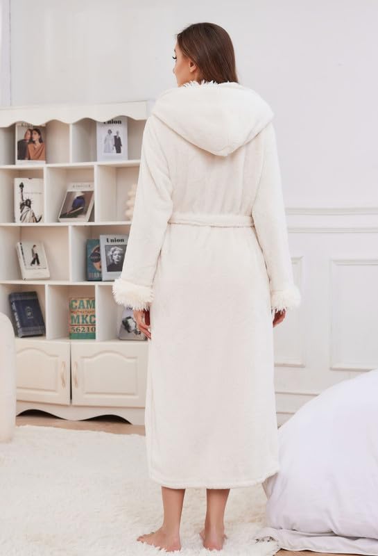 LYCY Womens Hooded Plush Long Robe, Soft Warm Fleece Bathrobe for Women Fluffy Cute Spa Robe - Image 6