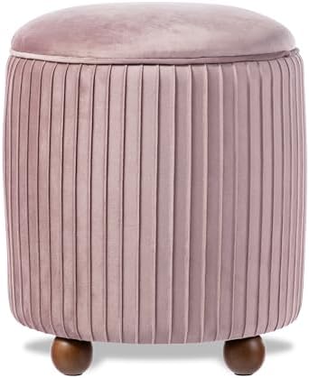 Glitzhome Round Ottoman with Storage, Pleated Velvet Small Foot S...