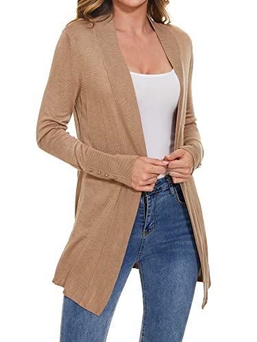 Image of Women Long Knit Cardigan Lightweight Open Front Sweaters | Capsule Wardrobe for Women, Relaxed fit, Buttoned Ribbed cuffs, Dressy Business Casual , for spring early fall office work