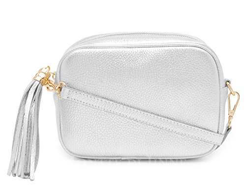 Image of Montte Di Jinne - 100% Made in Italy - Soft Leather Leather Women's Cross Body Bag with Tassel key Ring (Silver)