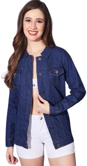 Women's Classic Denim Jacket, Dark Blue Oversized Button Down, Long Sleeve with Pockets, Casual Style (in, Alpha, L, Regular)