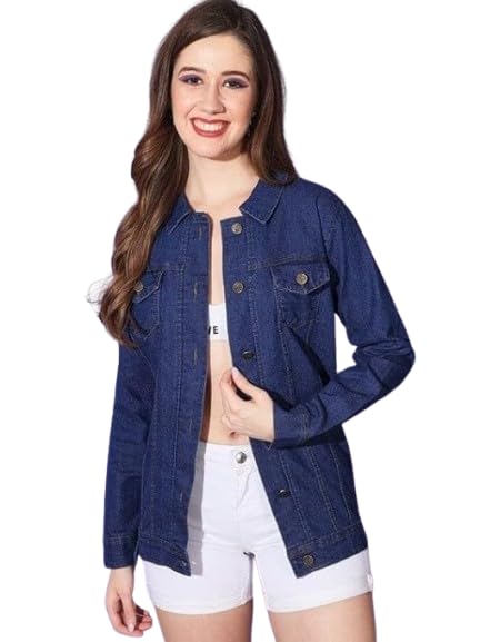Women's Classic Denim Jacket, Dark Blue Oversized Button Down, Long Sleeve with Pockets, Casual Style-picture-20