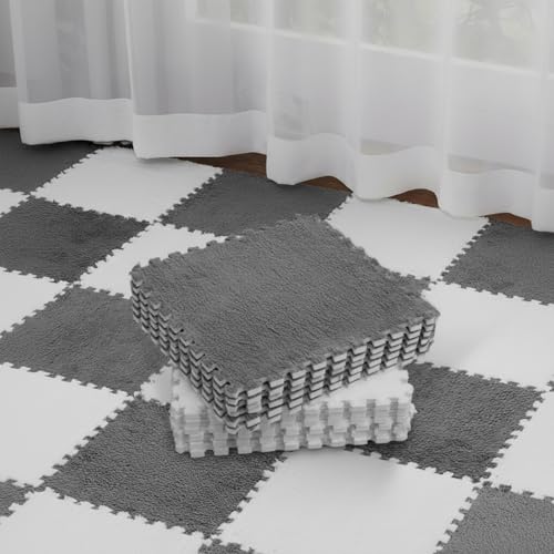 Flutesan 15 Pcs Winter Plush Puzzle Foam Floor Mat Interlocking Carpet Tiles Anti Slip Soft Warm Squares EVA Foam Crawling Rug for Play Floor Playroom Bedroom Nursery(White, Gray)
