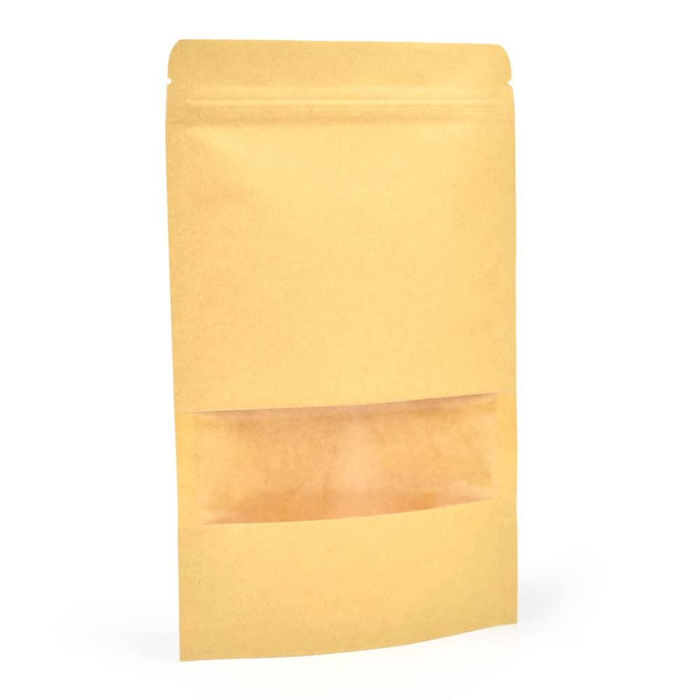 Evergreen Goods 200pcs Brown Kraft Paper Pouch Bags (140 x 200mm) | Reusable Self-Standing | Sealable ZipLock & Window | Heat Resealable | Perfect for Tea, Coffee Beans, Seeds, Dried Fruits Etc