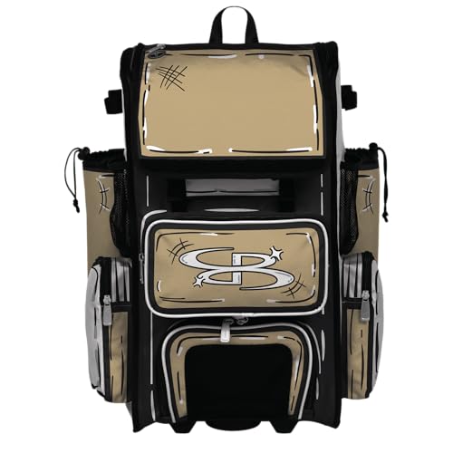 Boombah Rolling Superpack Baseball/Softball Gear Bag - Telescopic Handle - Holds 4 Bats - Wheeled Version - Animate Vegas Gold/White/Black
