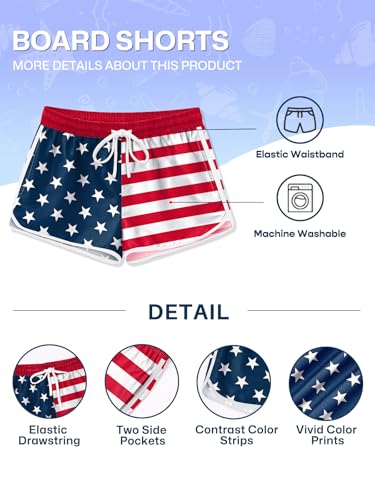 Image of BesserBay Girls 4th of July Elastic Waist Beach Swim Shorts American Flag Trunks with Pockets 5-14 Years