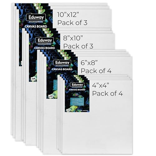 Image of Eduway Canvas Board for Painting- (4 inchx4 inch, 6 inchx8 inch) Each 4,(8 inchx10 inch, 10 inchx12 inch) Each 3 | Premium Quality 7Oz Pre-Primed Cotton Canvas Board for Artists & Beginners (Pack of 14)