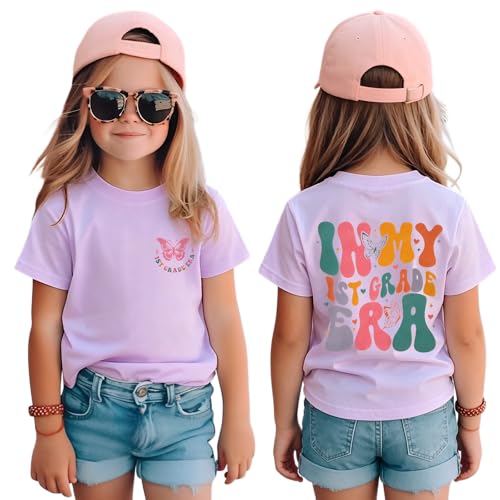 in My 1st Grade Era Shirts Girls First Day of School T-Shirt Butterfly Graphic Tee Kids Elementary Back to School Top(Purple-1st Grade 6Y)