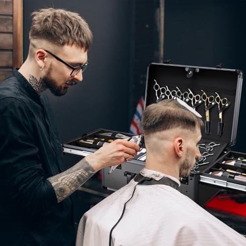 Image of Yueieoun Barber Case with Clippers Sliding Tray, Profesional Barbers Briefcase Tool Case, Travel Barber Cases for Clippers and Supplies, Hair Scissors Trimmer Organizer, Salon Grooming Hard Suitcase