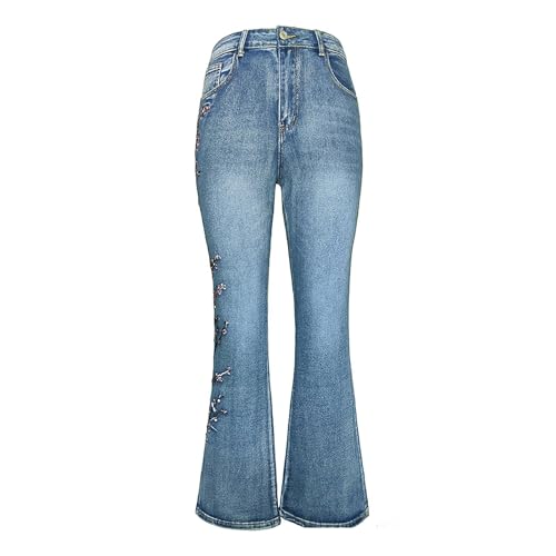 Women's Floral Embroidered Bell Bottom Jeans Stretchy High Rise Wide Legs Flare Jeans Distressed Denim Pants3