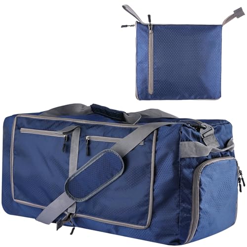 60L Duffle Bag with Shoes Compartment - Foldable&Large Capacity Travel Duffel Bags, Lightweight & Water-Resistant Gym Bag - Dark Blue
