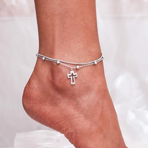 Image of CHIC & ARTSY Women Anklets S925 Sterling Silver Dainty Layered Anklet Bracelet Adjustable Multilayer Beach Ankle Bracelet Summer Jewelry for Women 10-11 Inches