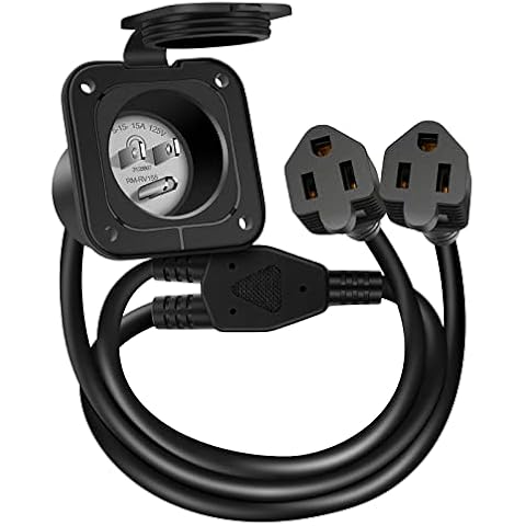 PAULINN 15 Amp 125V AC Power Inlet Port Plug W/ Integrated Dual 18" Extension Cord, NEMA 5-15 RV Flanged Inlet Y Splitter Cable with Waterproof & Back Cover, 2 Pole 3-Wire Shore Power Plug for Boat Cover