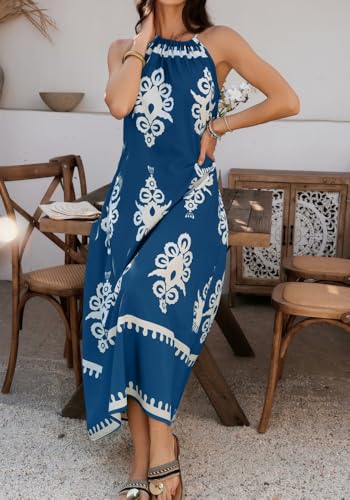 Image of Sulozom Summer Maxi Dresses for Women 2025 Casual Floral Halter Sleeveless Boho Dress Flowy Beach Vacation Outfits