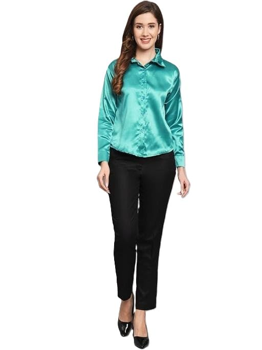 Women Smart Formal Use Shirt Spread Collar Solid Long Sleeve Professional Outfit Look Green 1 XL-picture-26