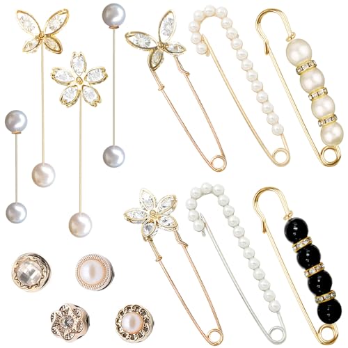 Image of 14 Pieces Brooch Safety Pins Pearl Brooch Button Pin Pant Waist Tightener Pins for Clothes Sweater Shawl Collar Dress Cardigan Shirt Jeans Accessories for Women Girls