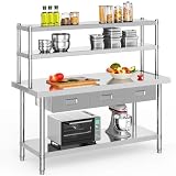 YITAHOME 60' X 24' Stainless Steel Table with Overshelves and 3 Drawers, NSF Work Table with 60' X 12' Shelf & 3 Drawers, Metal Table Prep Table for Home Kitchen Restaurant Garage Warehouse