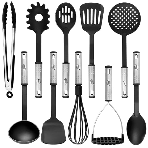 Kitchen Utensils Set, 10 Nylon Stainless Steel Cooking Utensils, Non Stick and Heat Resistant Cookware set New Chef's Gadget Tools Collection