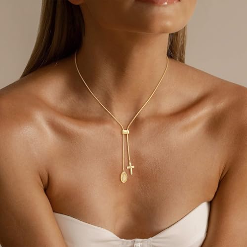 Image of CHESKY Long Necklaces for Women, 14k Gold Plated /Streling Silver Lariat Necklace Dainty Statement Prom Necklace Rosary Cross Sun Drop Pendant Dangle Necklace Gold Prom Jewelry for Women Gifts