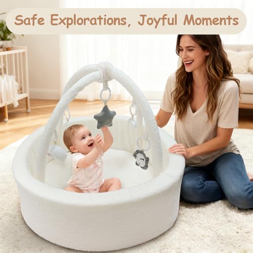 MEOGETY Baby Ball Pit with 5 Hanging Toys & Removable Play Arch for Toddlers Soft Foam Activity Center for Girls Boys Great Gift, Easy to Assemble & Clean, Teddy White - Image 4