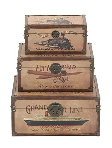 Deco 79 Wood Transportation Nesting Upholstered Trunk With Vintage Accents And Studs, Set Of 3 17", 15", 12"W, Brown #TOP3
