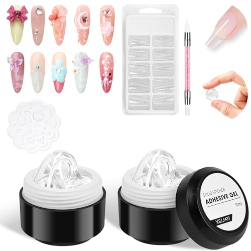 BUTBU 104 Piezas Pegamento de Uñas en Gel Sólido Kit, 2*10 ML Pegamento En Gel para Uñas Acrílicas, Pegamento para Uñas Postizas de Larga Duración U V pegamento, con 100 Piezas Moldes Uñas Acrilicas