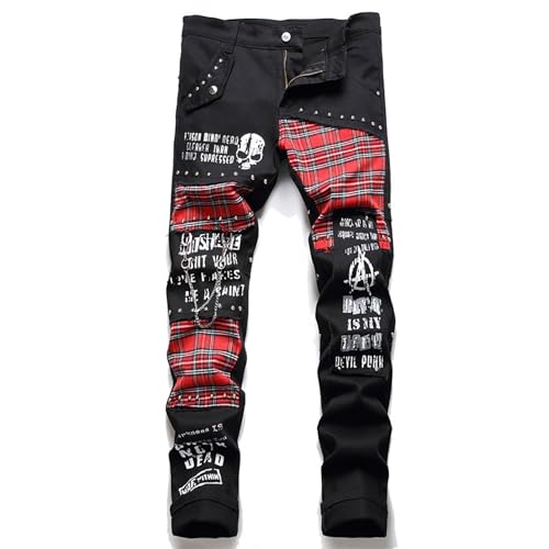 Pantalones Vaqueros para Hombre, Vaqueros Patchwork para Hombre, Vaqueros con Rivetes y Ligero Elástico, Vaqueros Hip Hop Rectos,38