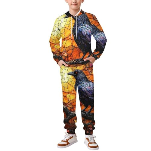 Boys Girls Sweatshirt Pullover Hoodie & Pants Kid Active Sweatsuit Tracksuit, Mysterious Crow Stained Glass Art