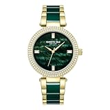 Kenneth Cole New York Reloj clásico moderno para mujer, esfera de nácar verde, anillo superior adornado con cristales dorados, acero inoxidable chapado en oro y pulsera de cerámica verde